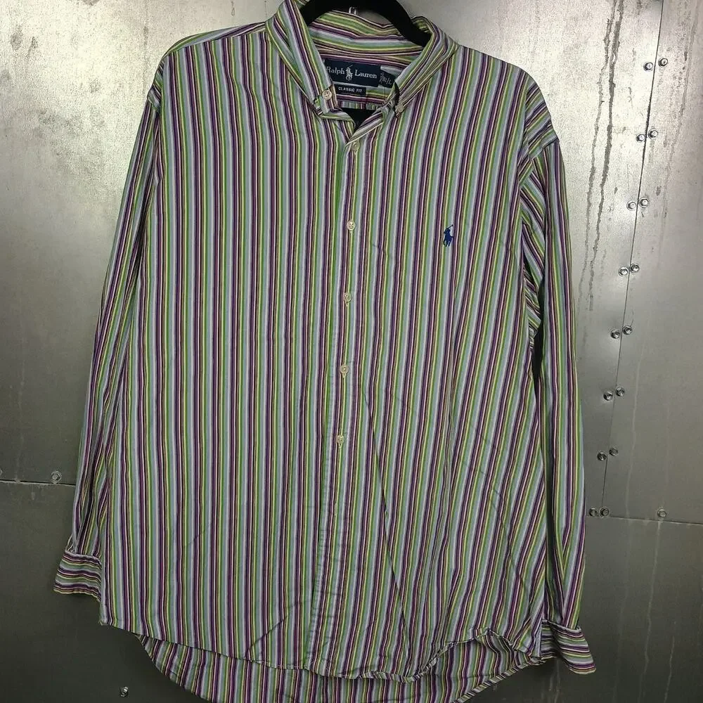Polo Ralph Lauren Vertical Stripe Vintage Button Down Shirt Large Preppy Casual